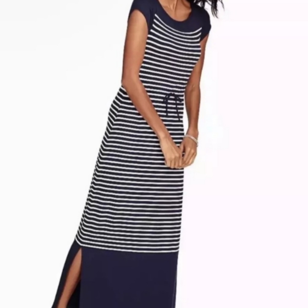 T Talbots Nautical Knit Maxi Dress Navy & White | M